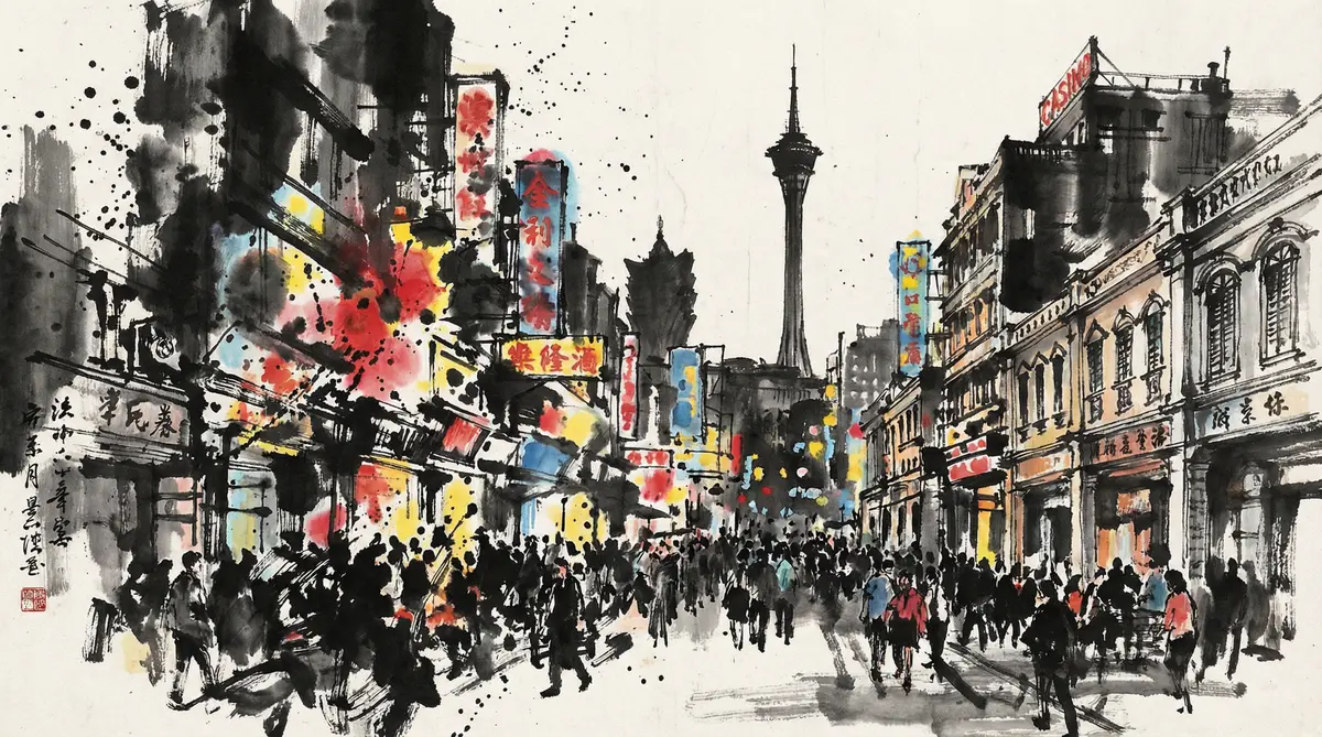 澳门新葡京澳门娱乐城繁华夜景水墨画