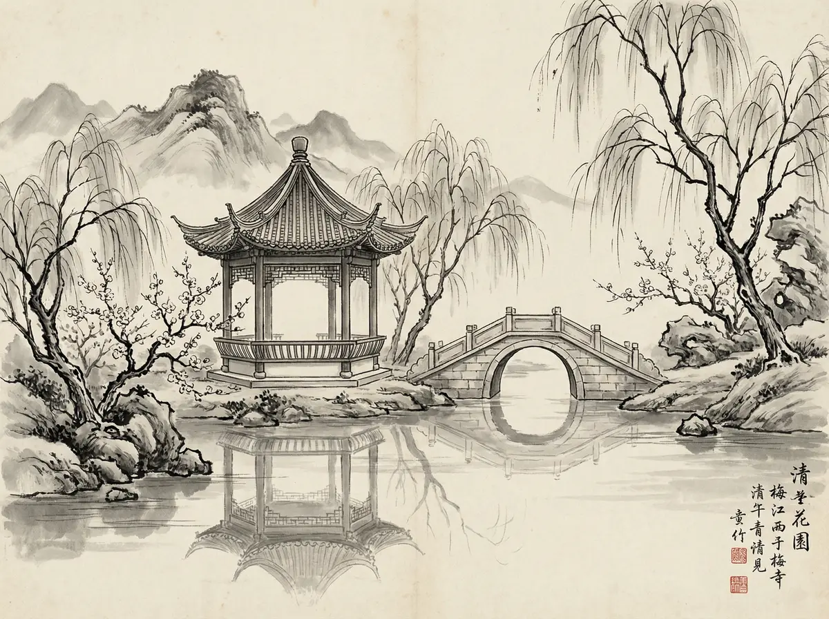 澳门新葡京水墨画中的亭台楼阁与石桥倒影