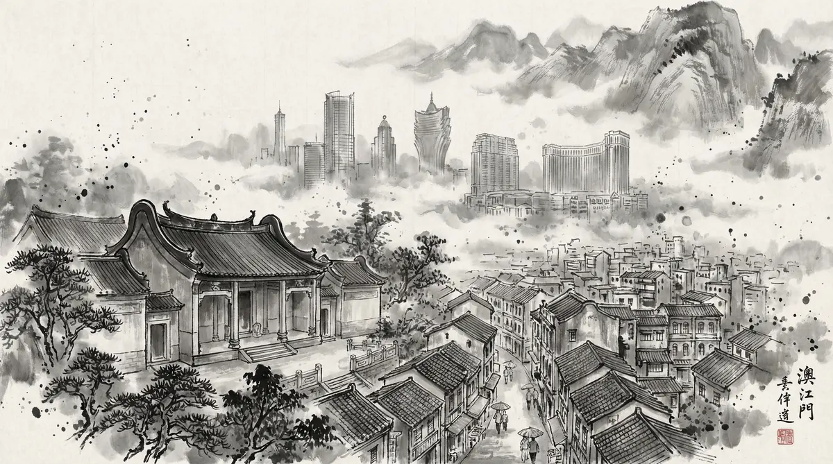 澳门新葡京水墨国风全景画卷展现澳门古老街巷与现代酒店建筑群