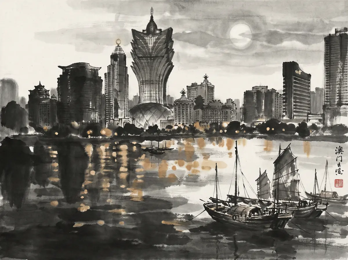 澳门新葡京澳门夜景水墨画展示新葡京与城市天际线