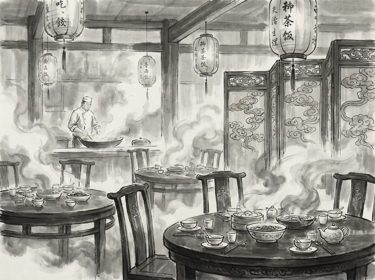 澳门新葡京墨香食府水墨风格中餐厅内景展示传统瓷器餐具与雕花屏风