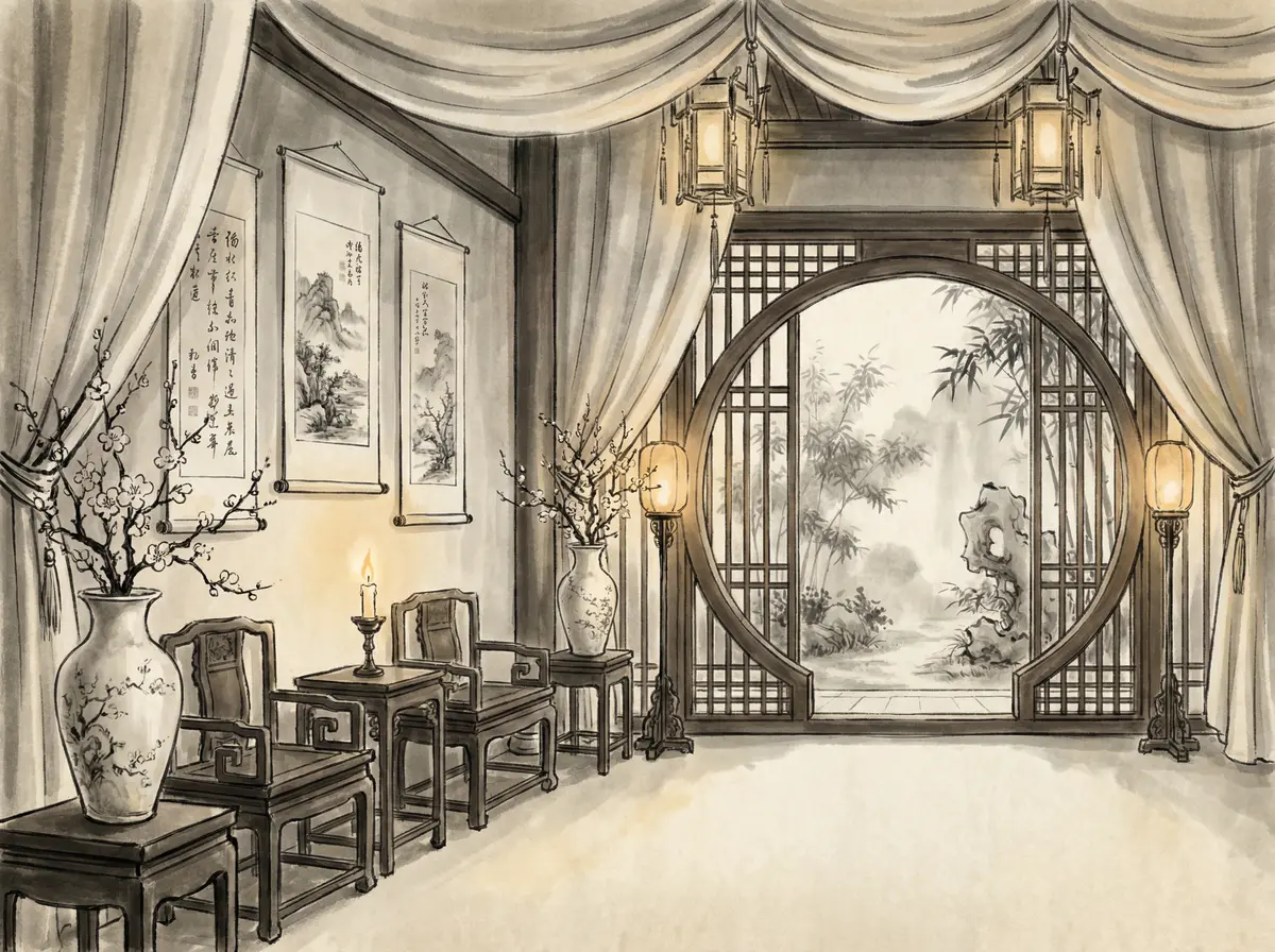 澳门新葡京丝绸帷幔园林景观客房展示月洞门与竹林景致