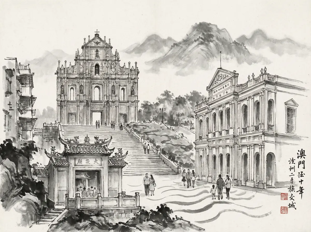 澳门新葡京推荐澳门大三巴牌坊水墨画风格旅游景点